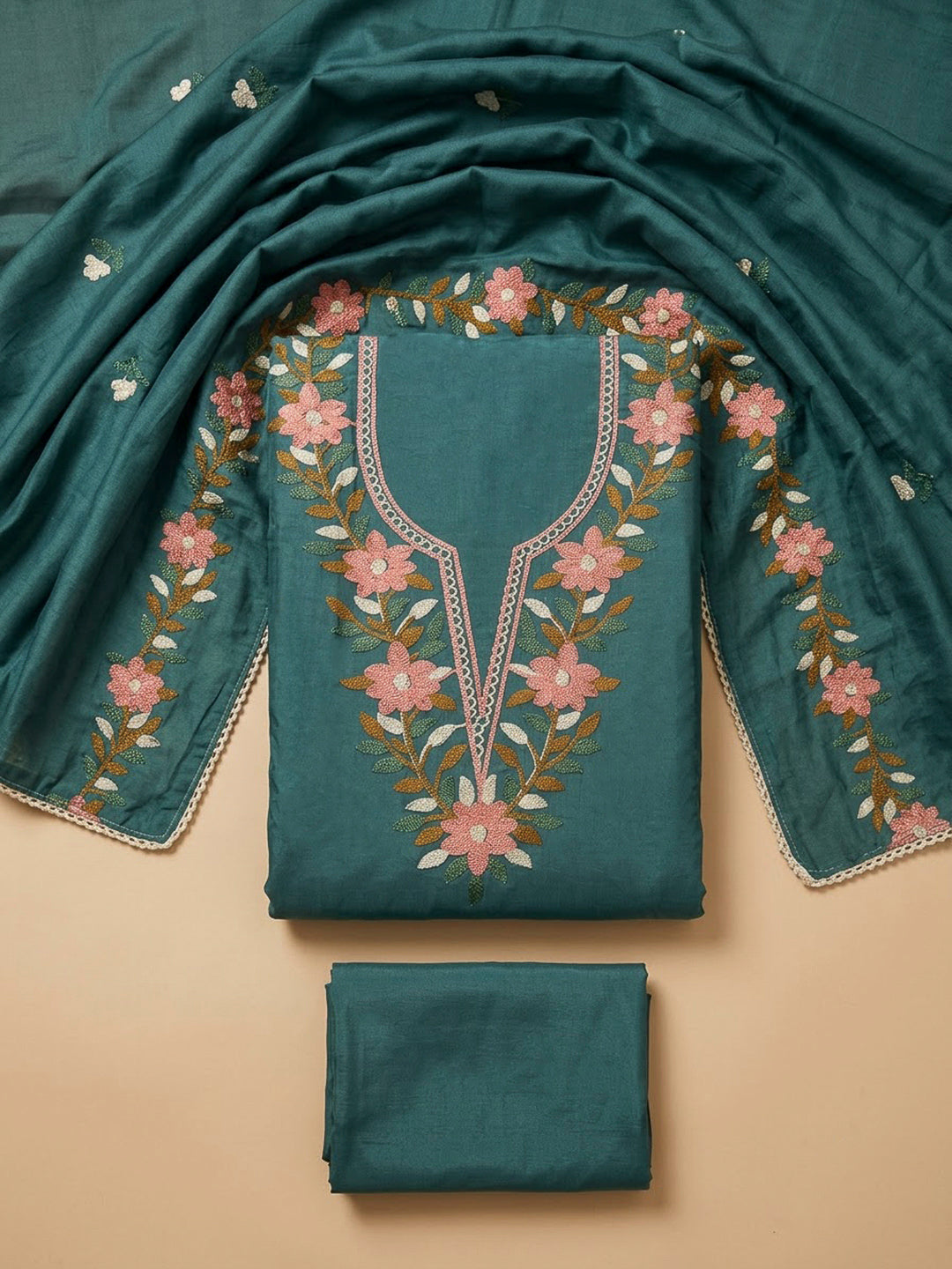 Aqua Green Chanderi Embroidered Unstitched Dress Material