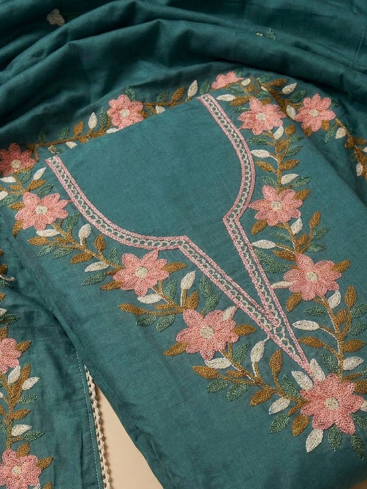 Aqua Green Chanderi Embroidered Unstitched Dress Material