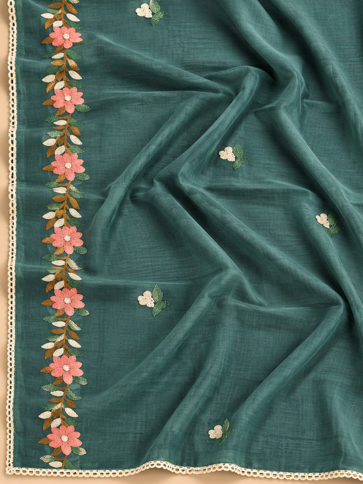 Aqua Green Chanderi Embroidered Unstitched Dress Material
