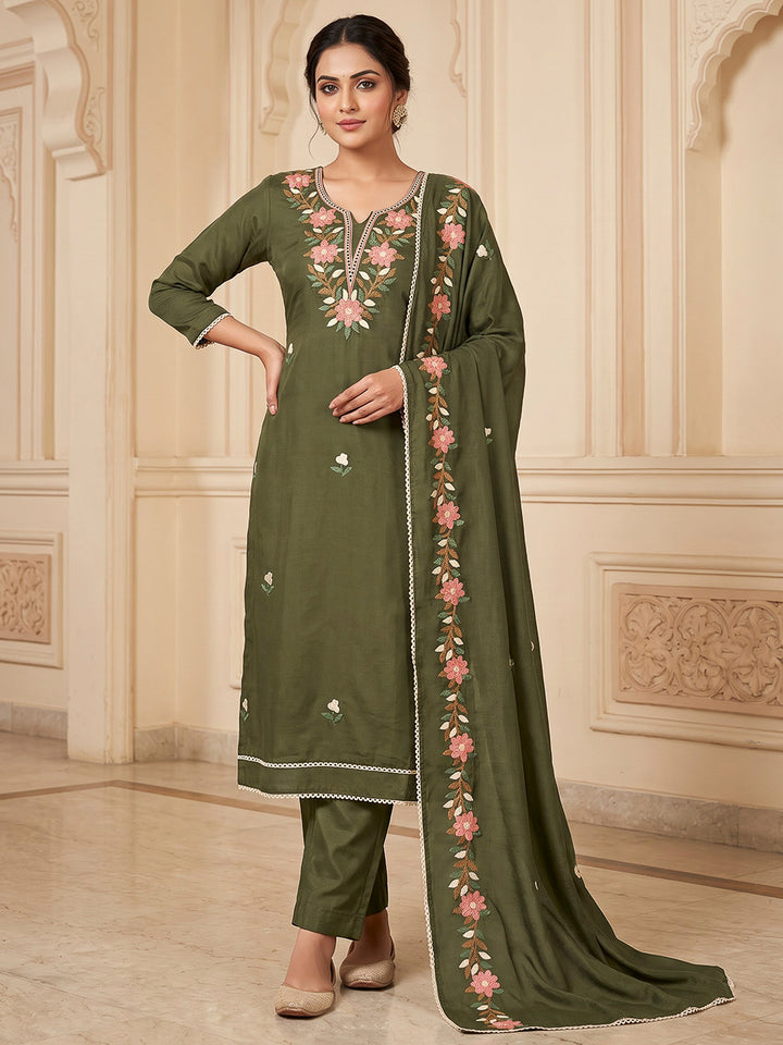 Green Chanderi Embroidered Unstitched Dress Material
