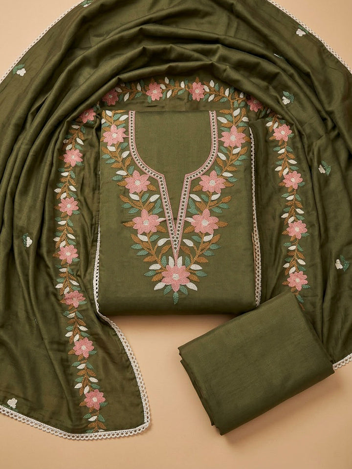 Green Chanderi Embroidered Unstitched Dress Material
