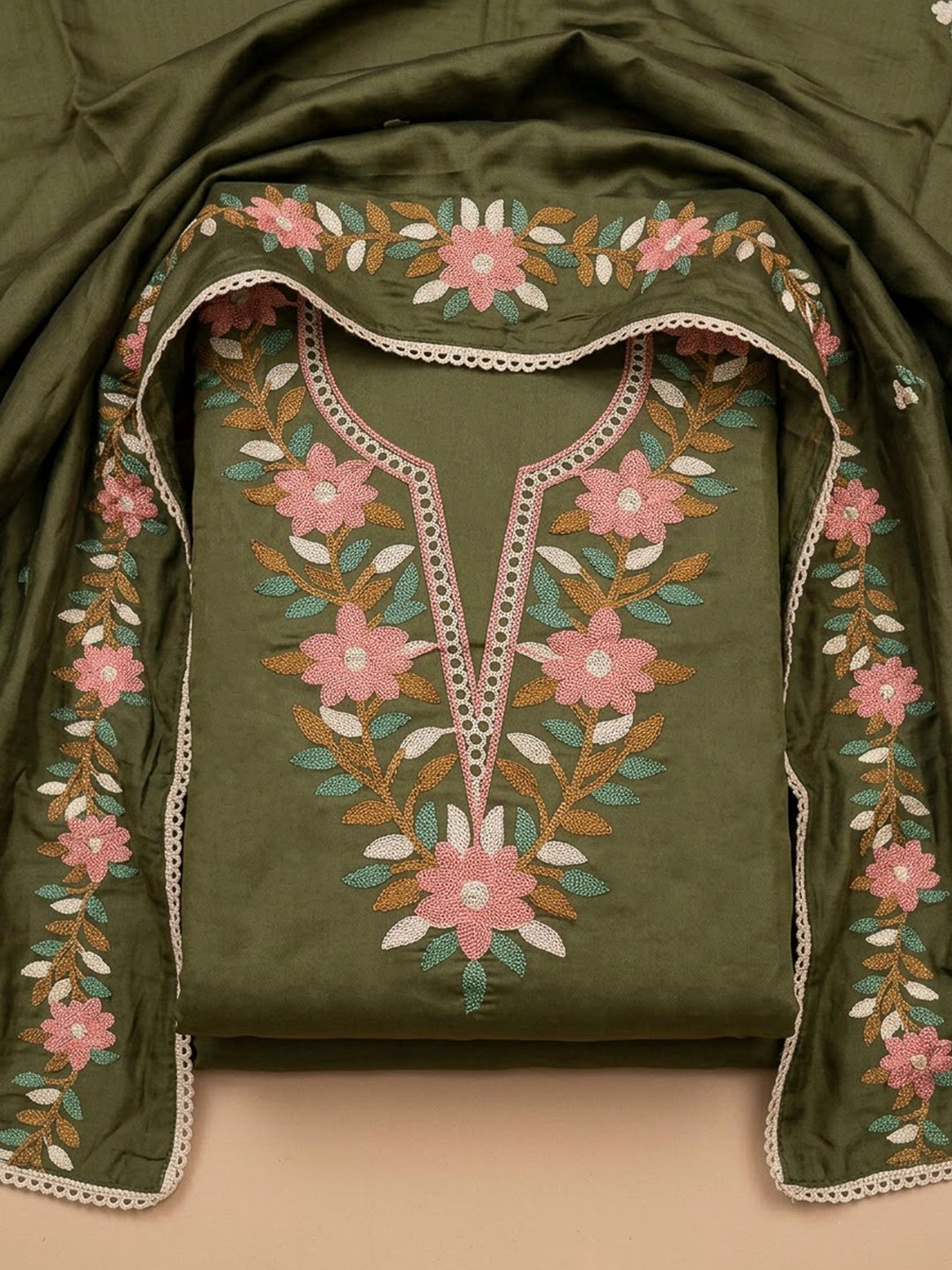 Green Chanderi Embroidered Unstitched Dress Material