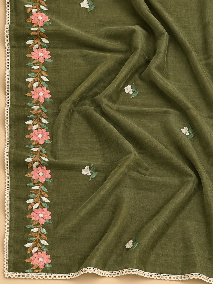 Green Chanderi Embroidered Unstitched Dress Material