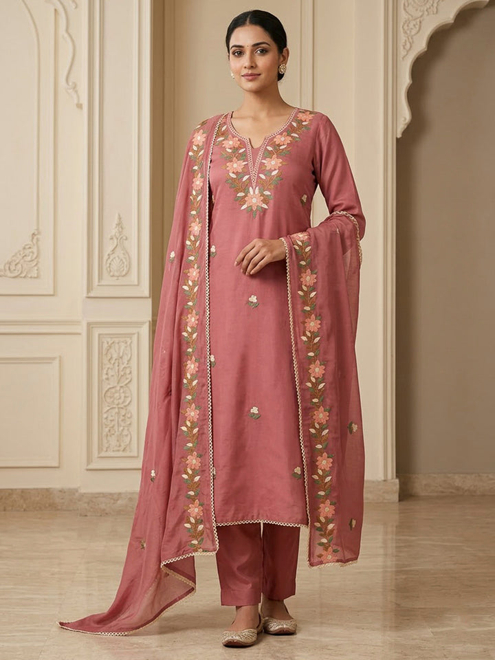 Onion Pink Chanderi Embroidered Unstitched Dress Material