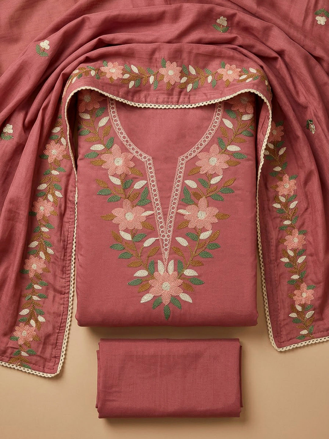 Onion Pink Chanderi Embroidered Unstitched Dress Material