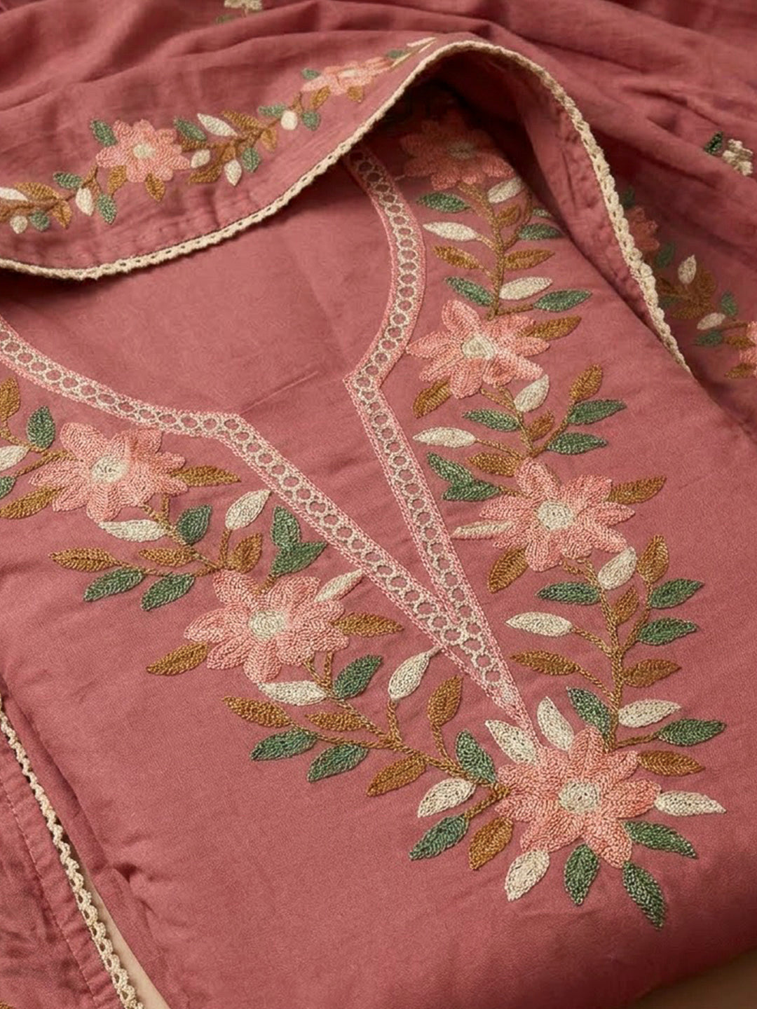 Onion Pink Chanderi Embroidered Unstitched Dress Material