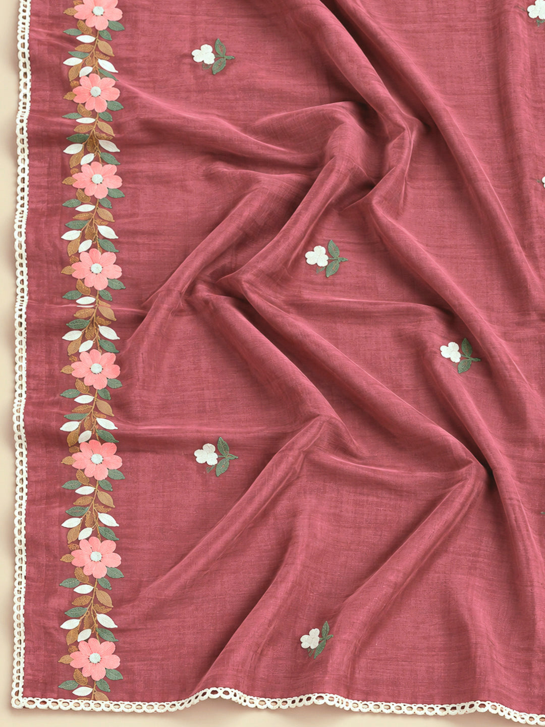 Onion Pink Chanderi Embroidered Unstitched Dress Material