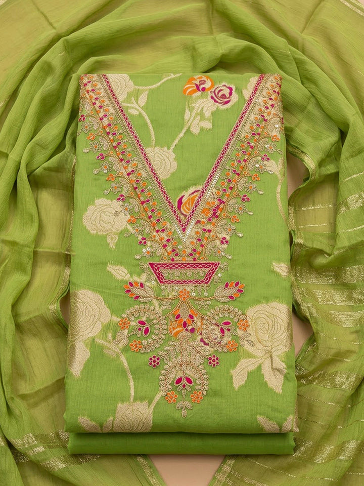 Mehndi Chanderi Embroidered Unstitched Dress Material