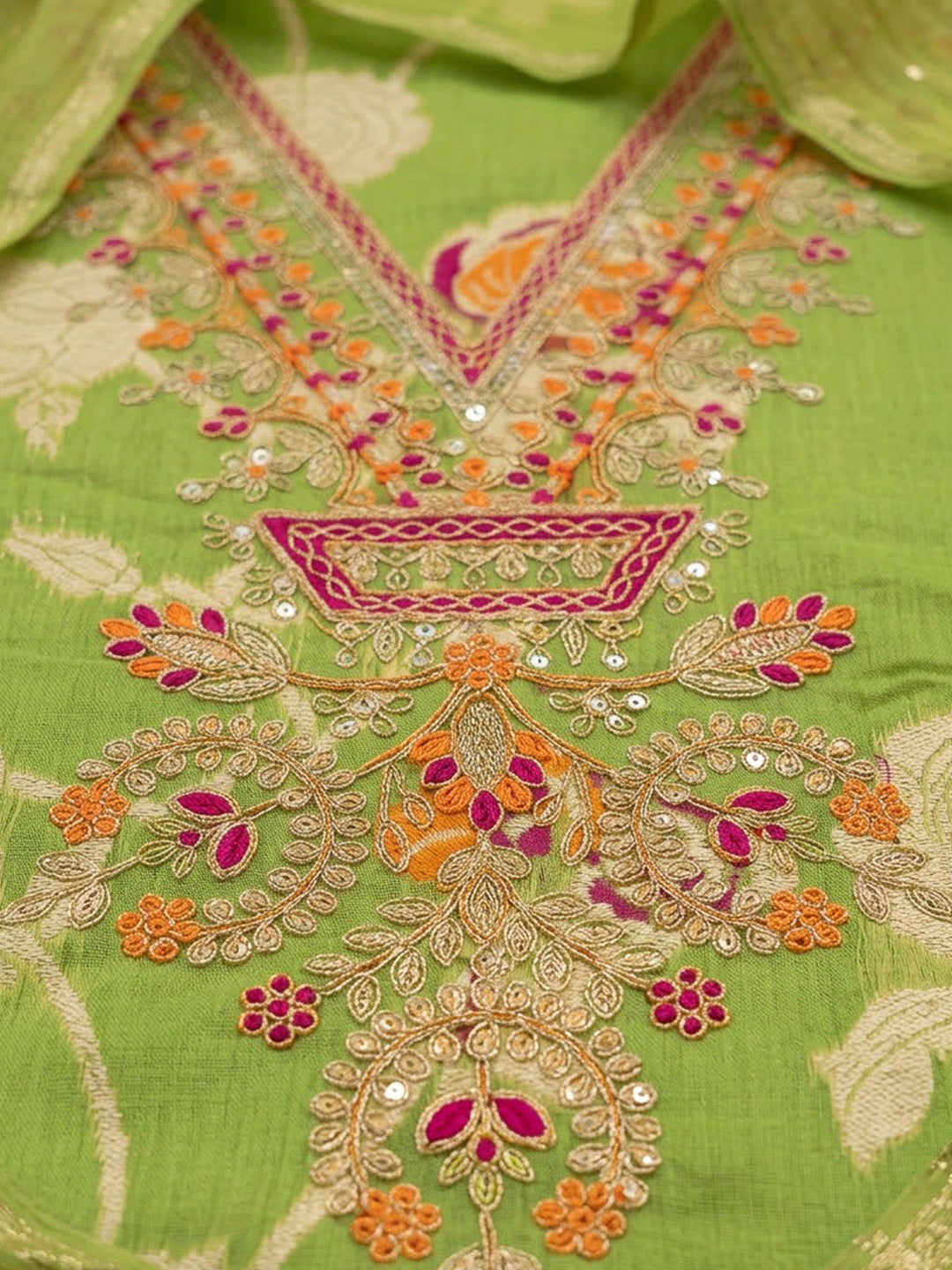 Mehndi Chanderi Embroidered Unstitched Dress Material