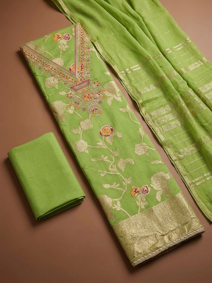 Mehndi Chanderi Embroidered Unstitched Dress Material