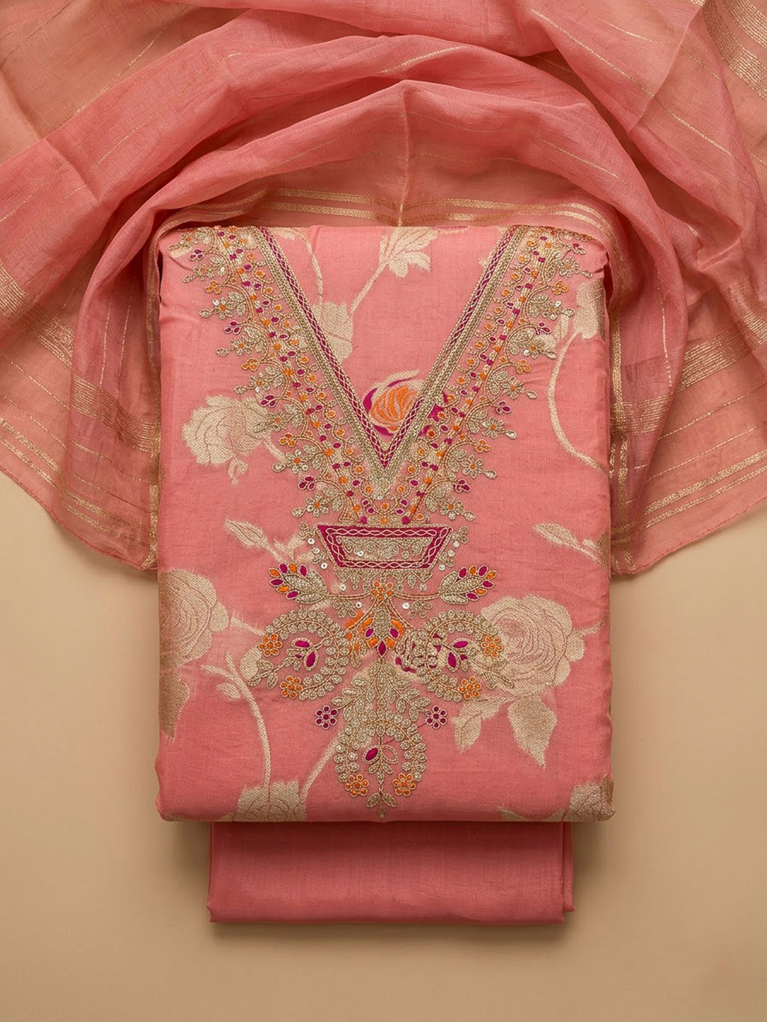 Peach Chanderi Embroidered Unstitched Dress Material