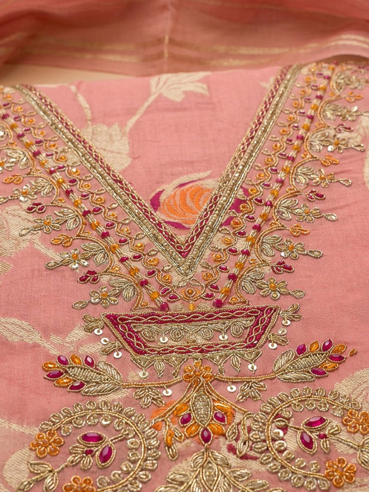 Peach Chanderi Embroidered Unstitched Dress Material