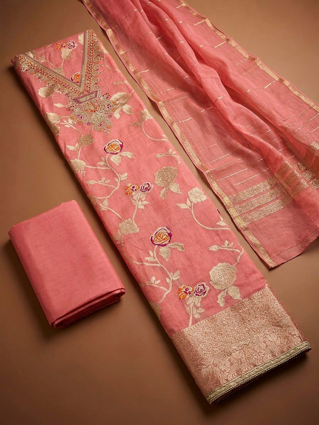 Peach Chanderi Embroidered Unstitched Dress Material