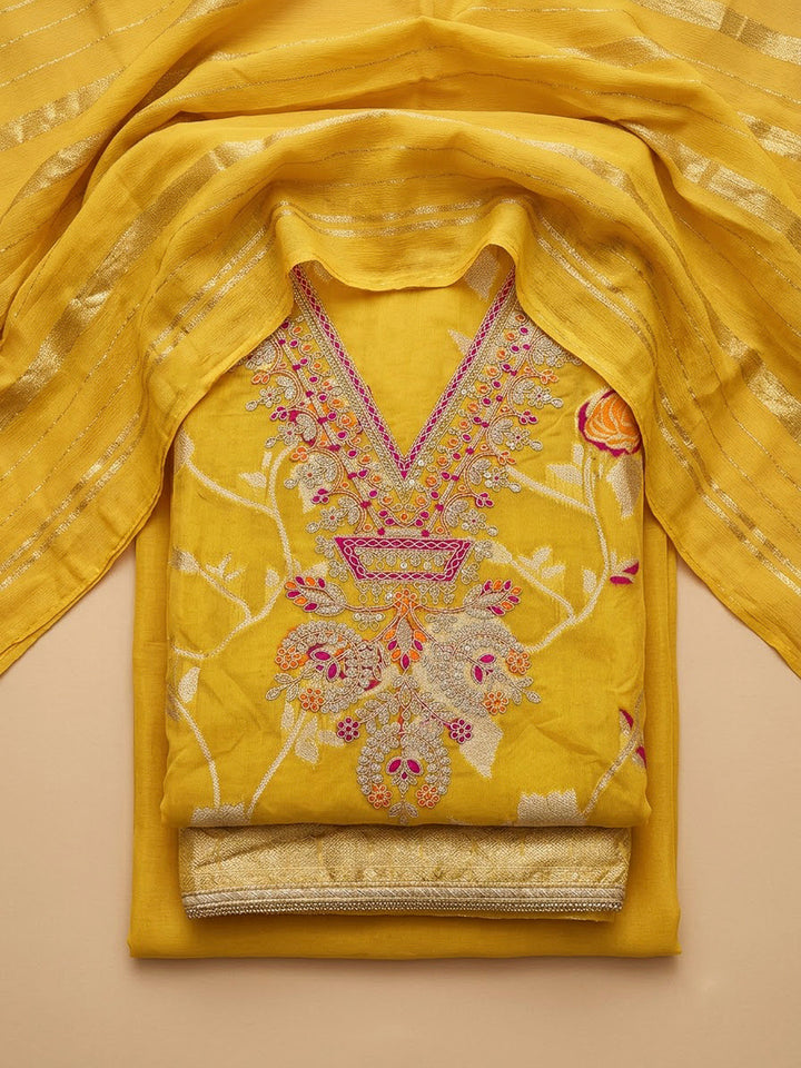 Yellow Chanderi Embroidered Unstitched Dress Material