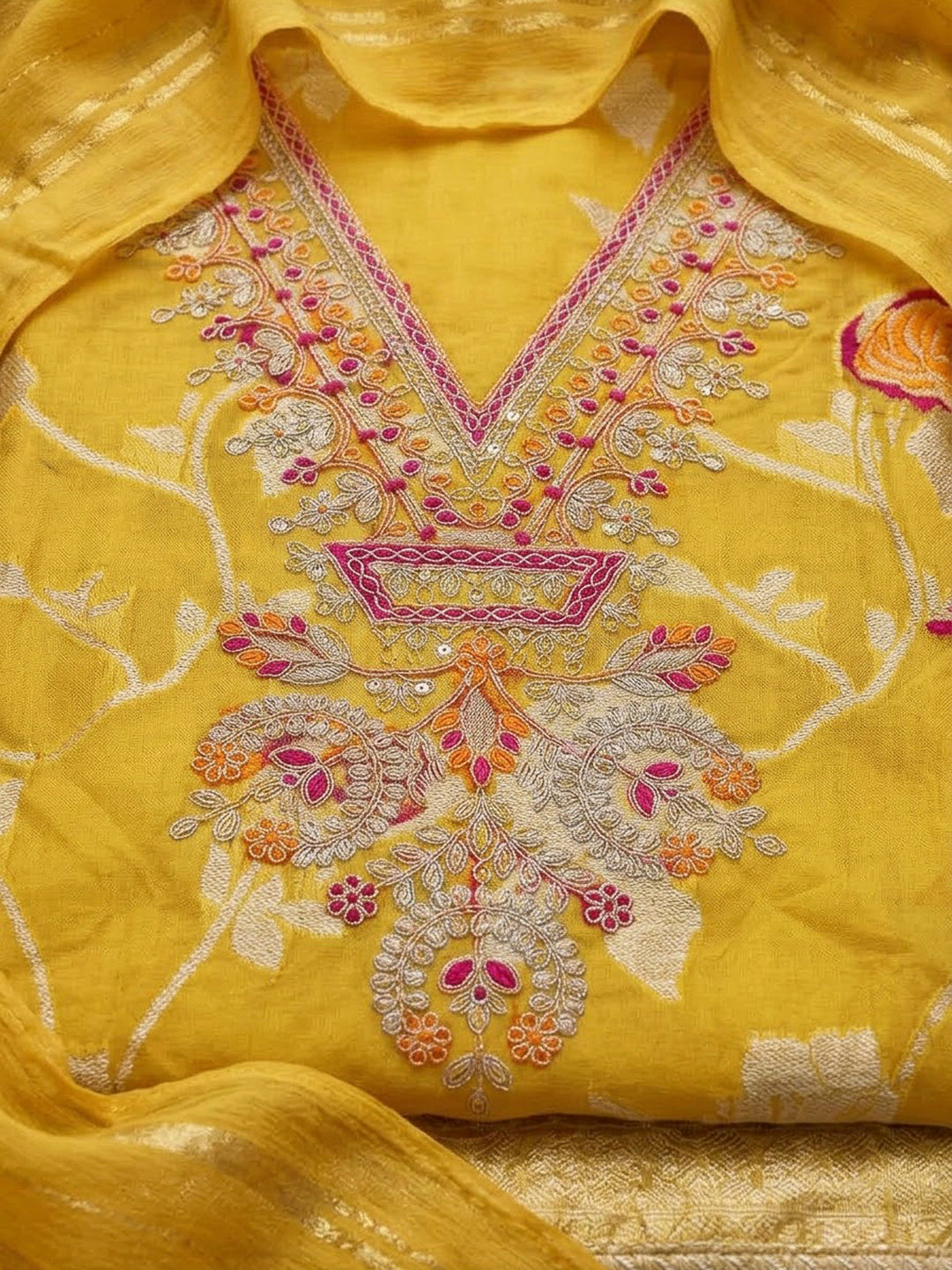 Yellow Chanderi Embroidered Unstitched Dress Material