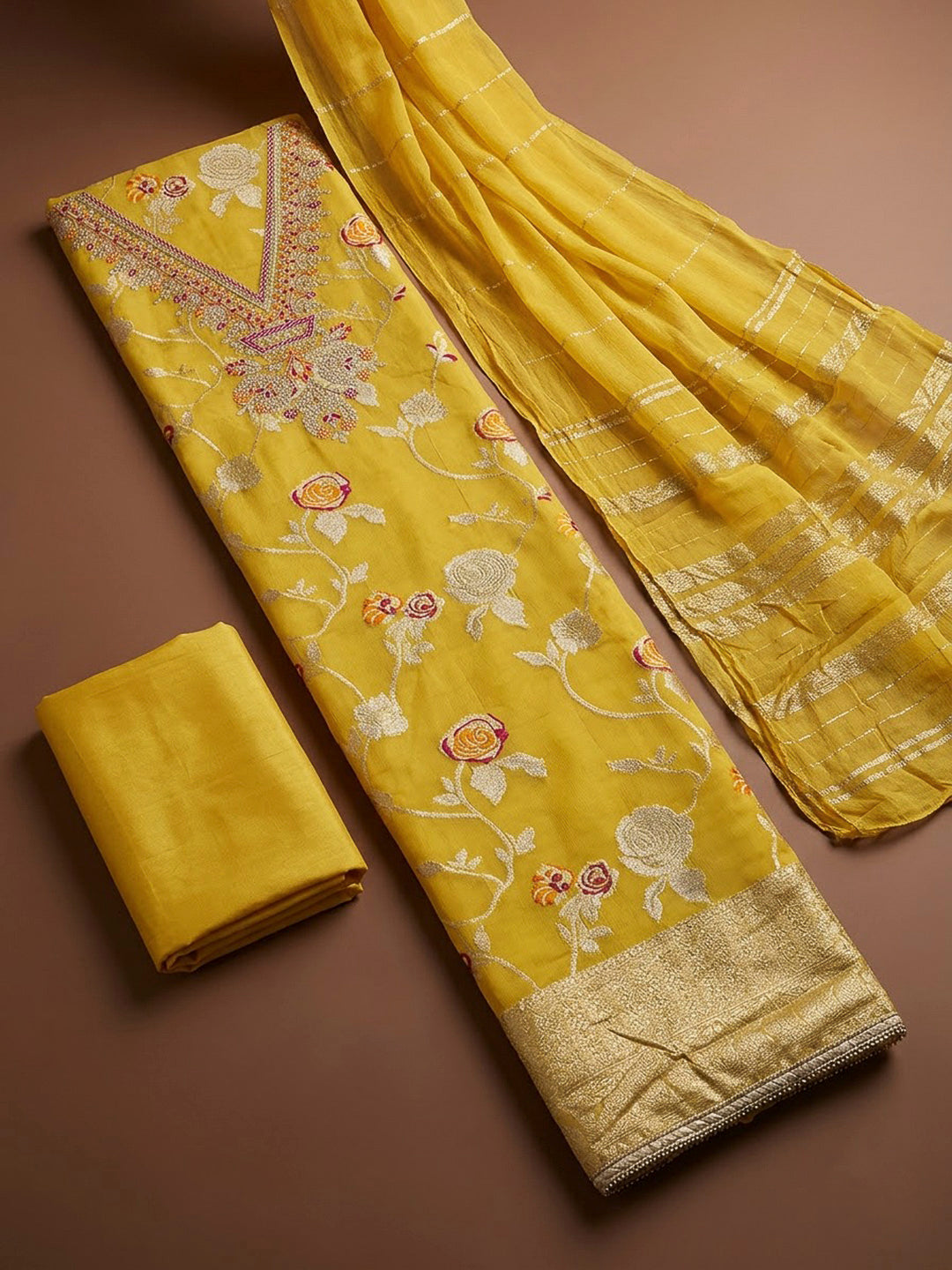 Yellow Chanderi Embroidered Unstitched Dress Material