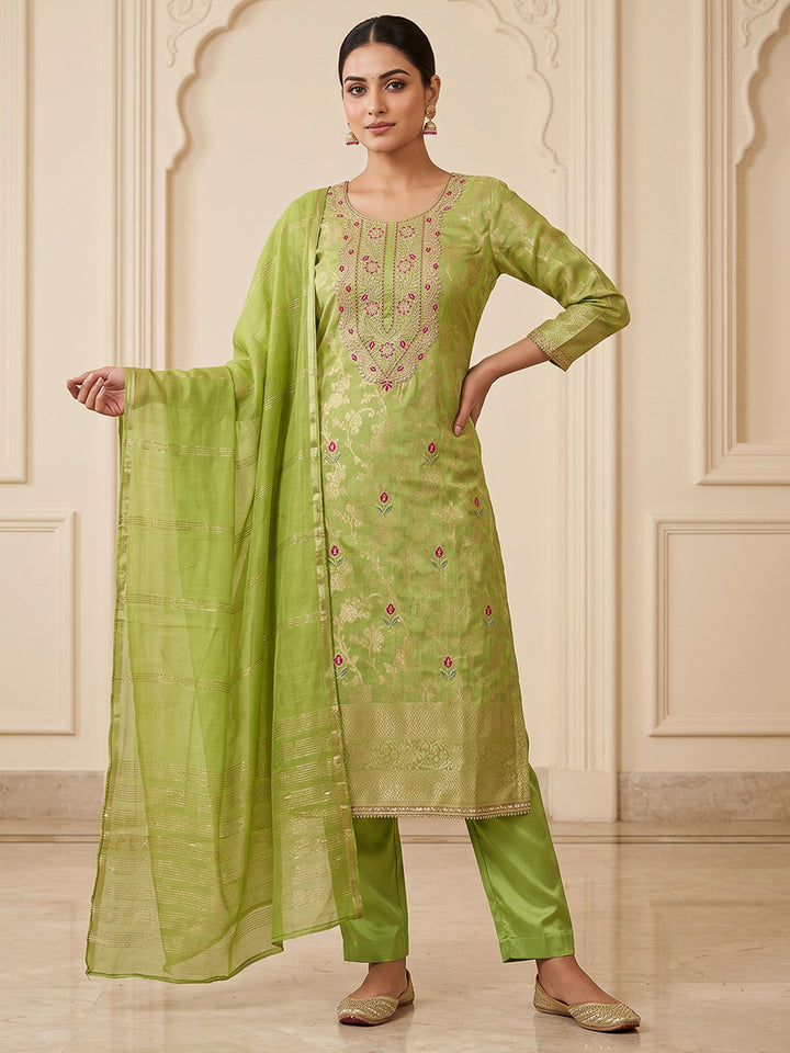 Mehndi Chanderi Embroidered Unstitched Dress Material