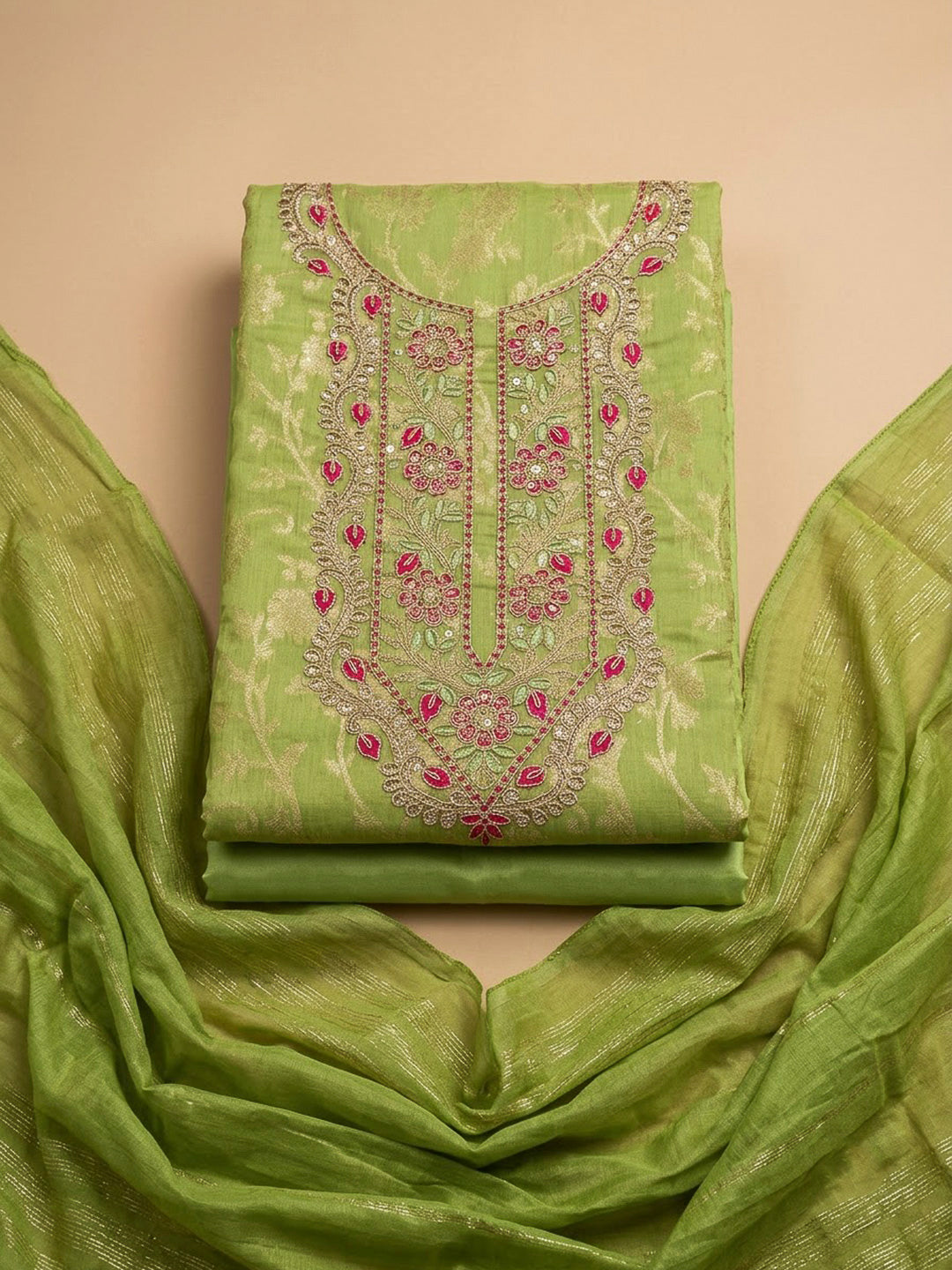 Mehndi Chanderi Embroidered Unstitched Dress Material