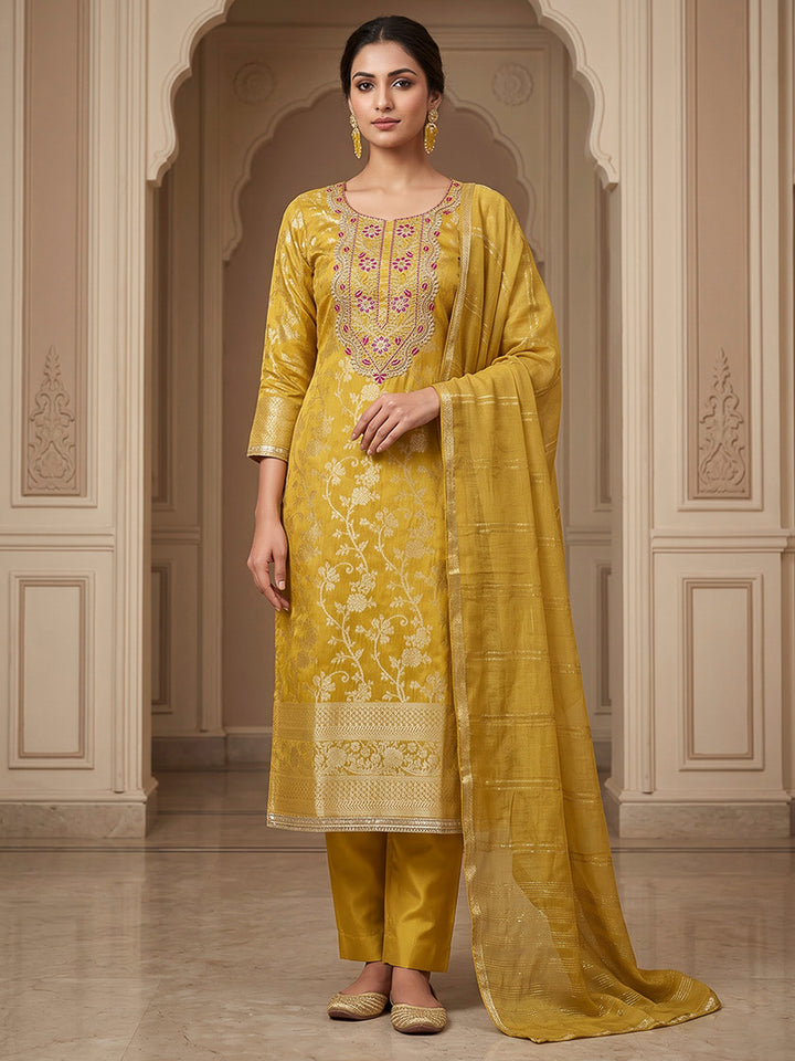 Mustard Chanderi Embroidered Unstitched Dress Material