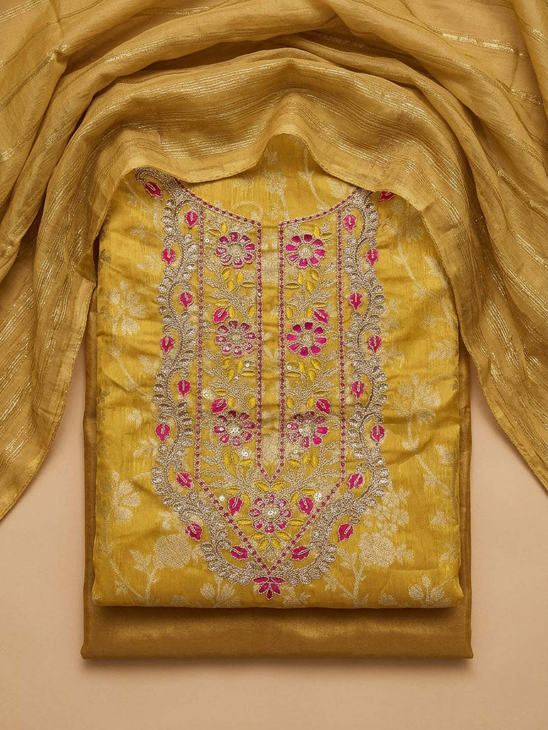Mustard Chanderi Embroidered Unstitched Dress Material