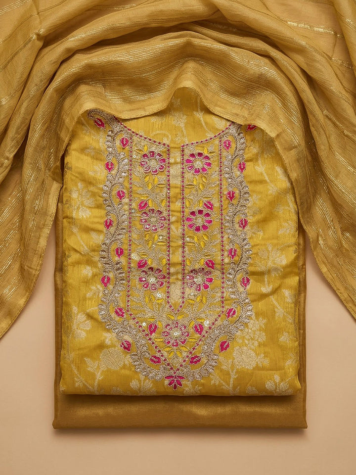 Mustard Chanderi Embroidered Unstitched Dress Material