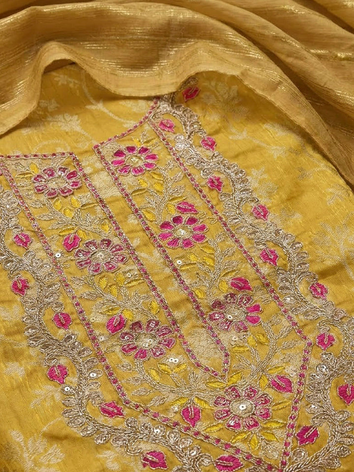 Mustard Chanderi Embroidered Unstitched Dress Material