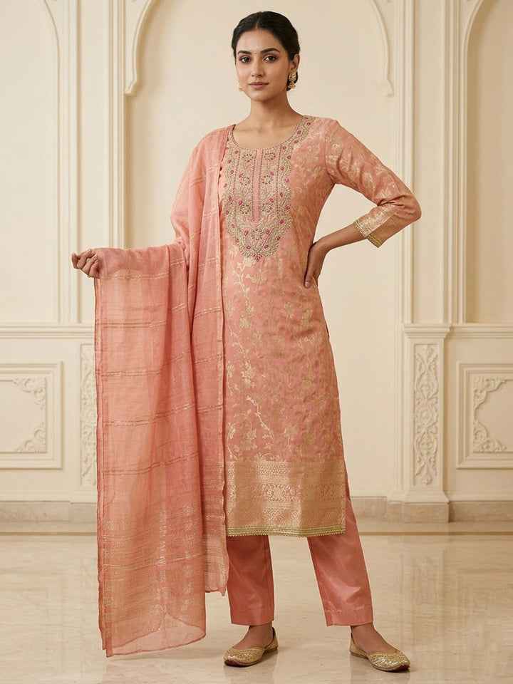Peach Chanderi Embroidered Unstitched Dress Material