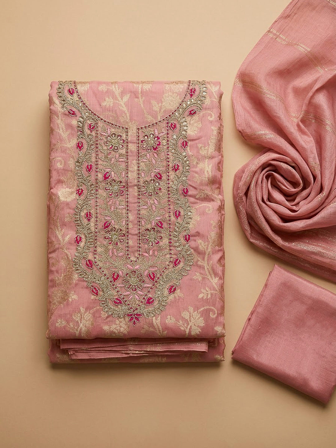 Peach Chanderi Embroidered Unstitched Dress Material