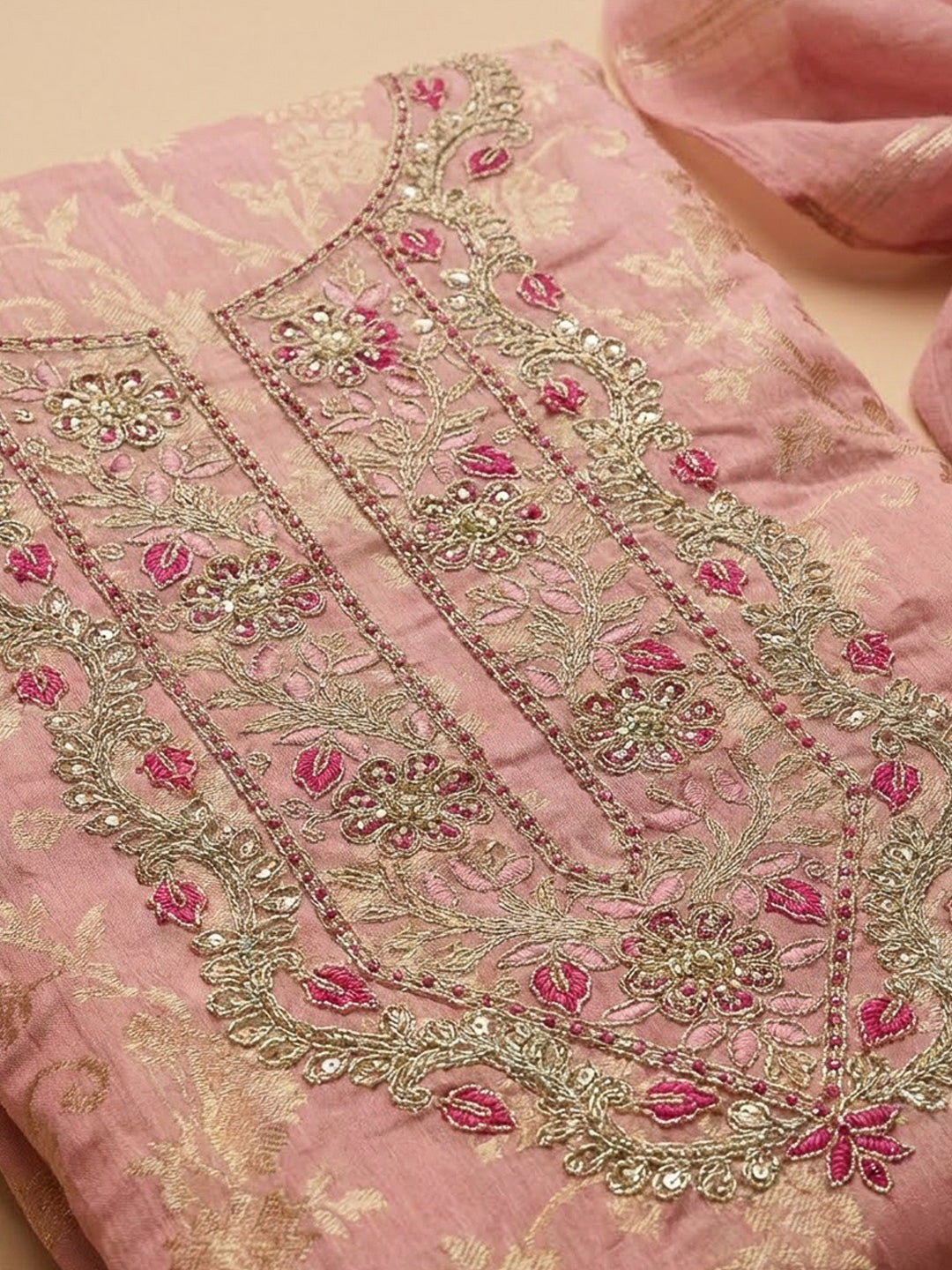 Peach Chanderi Embroidered Unstitched Dress Material