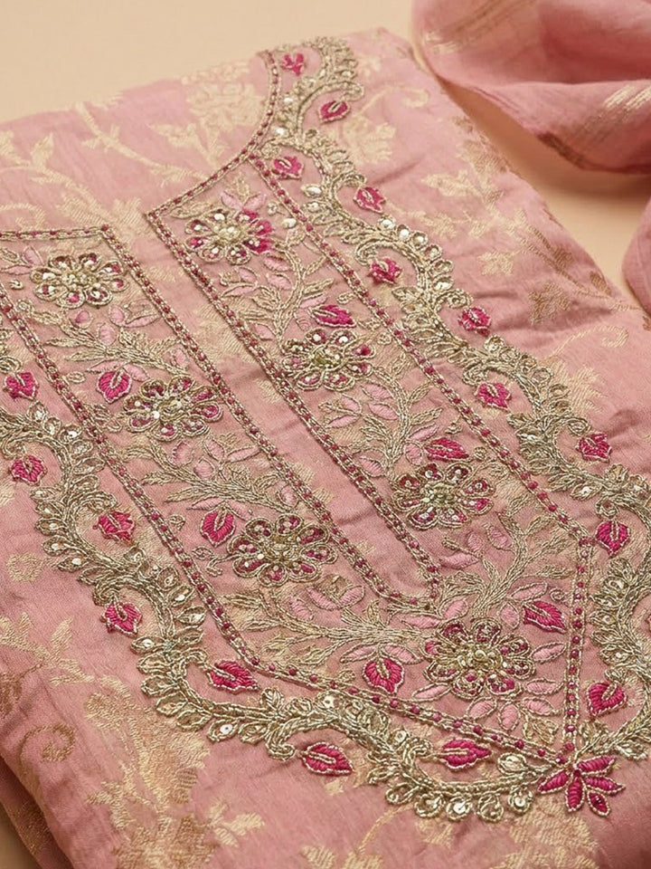 Peach Chanderi Embroidered Unstitched Dress Material