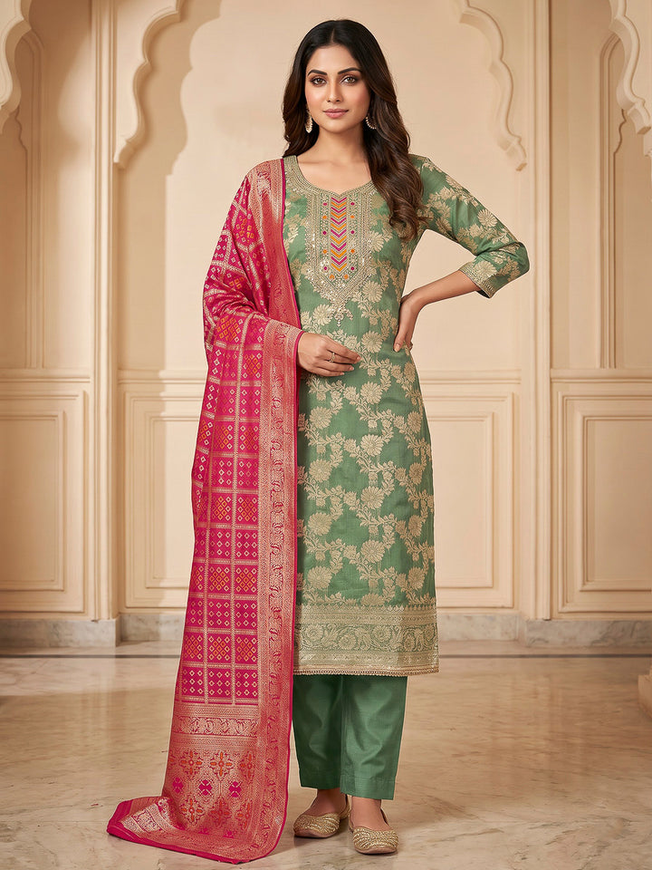 Green Chanderi Embroidered Unstitched Dress Material