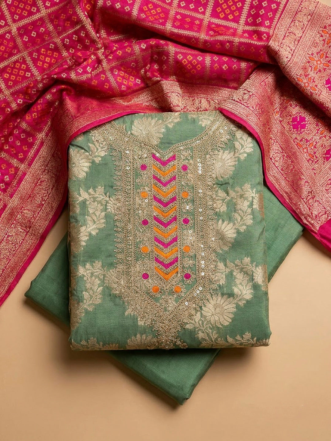 Green Chanderi Embroidered Unstitched Dress Material