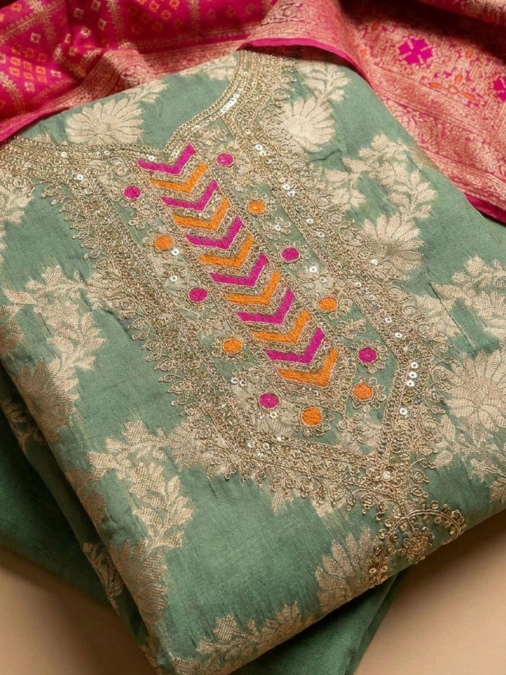Green Chanderi Embroidered Unstitched Dress Material