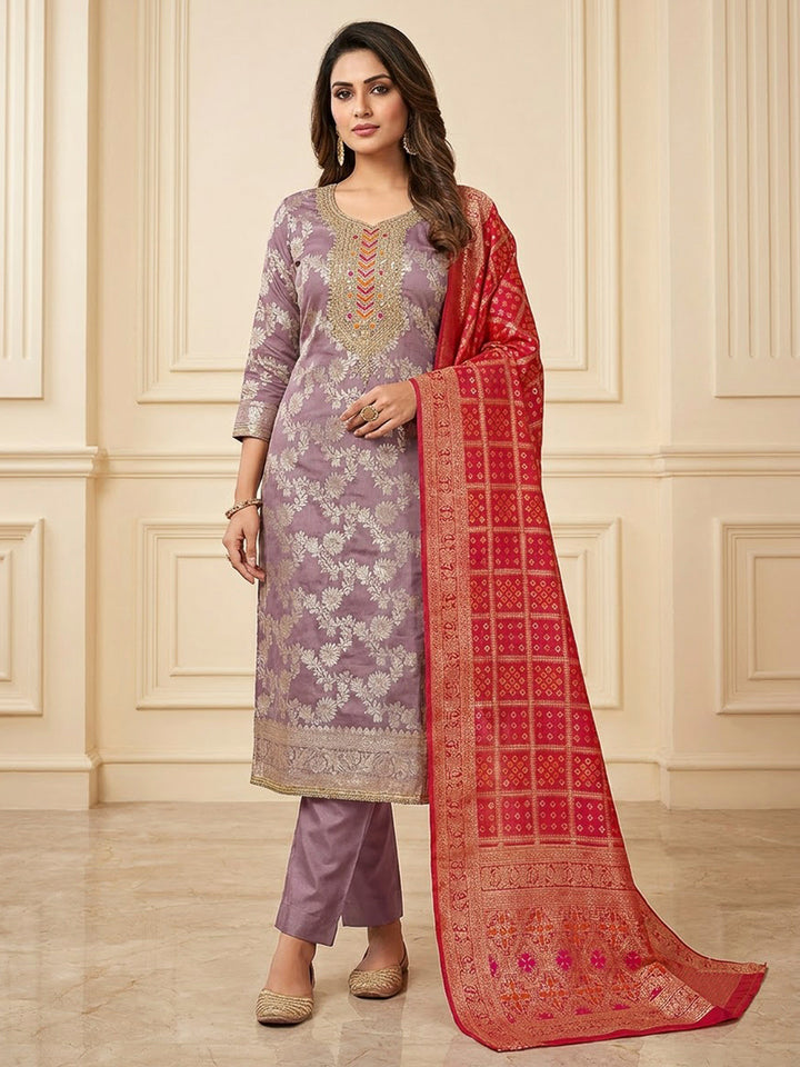 Lavender Chanderi Embroidered Unstitched Dress Material