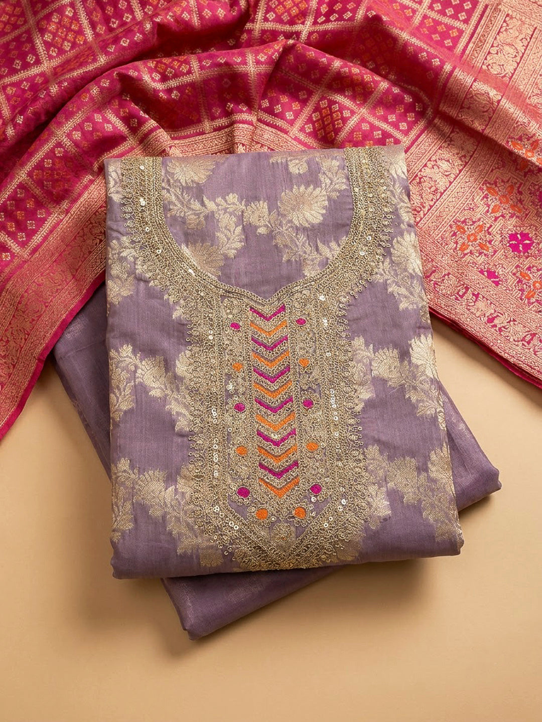 Lavender Chanderi Embroidered Unstitched Dress Material