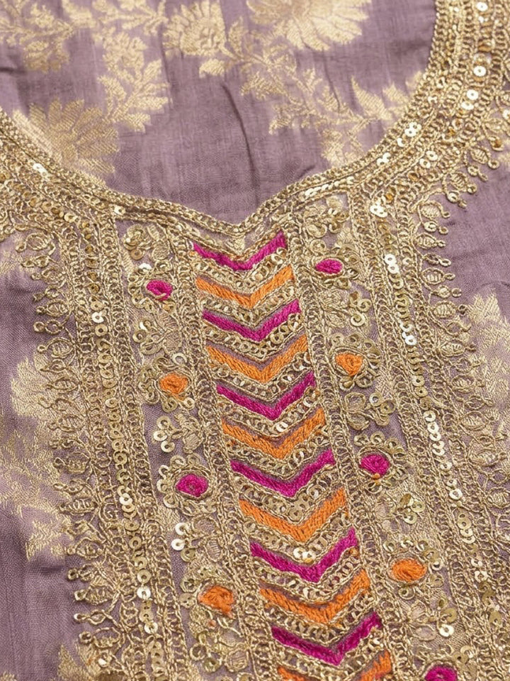 Lavender Chanderi Embroidered Unstitched Dress Material
