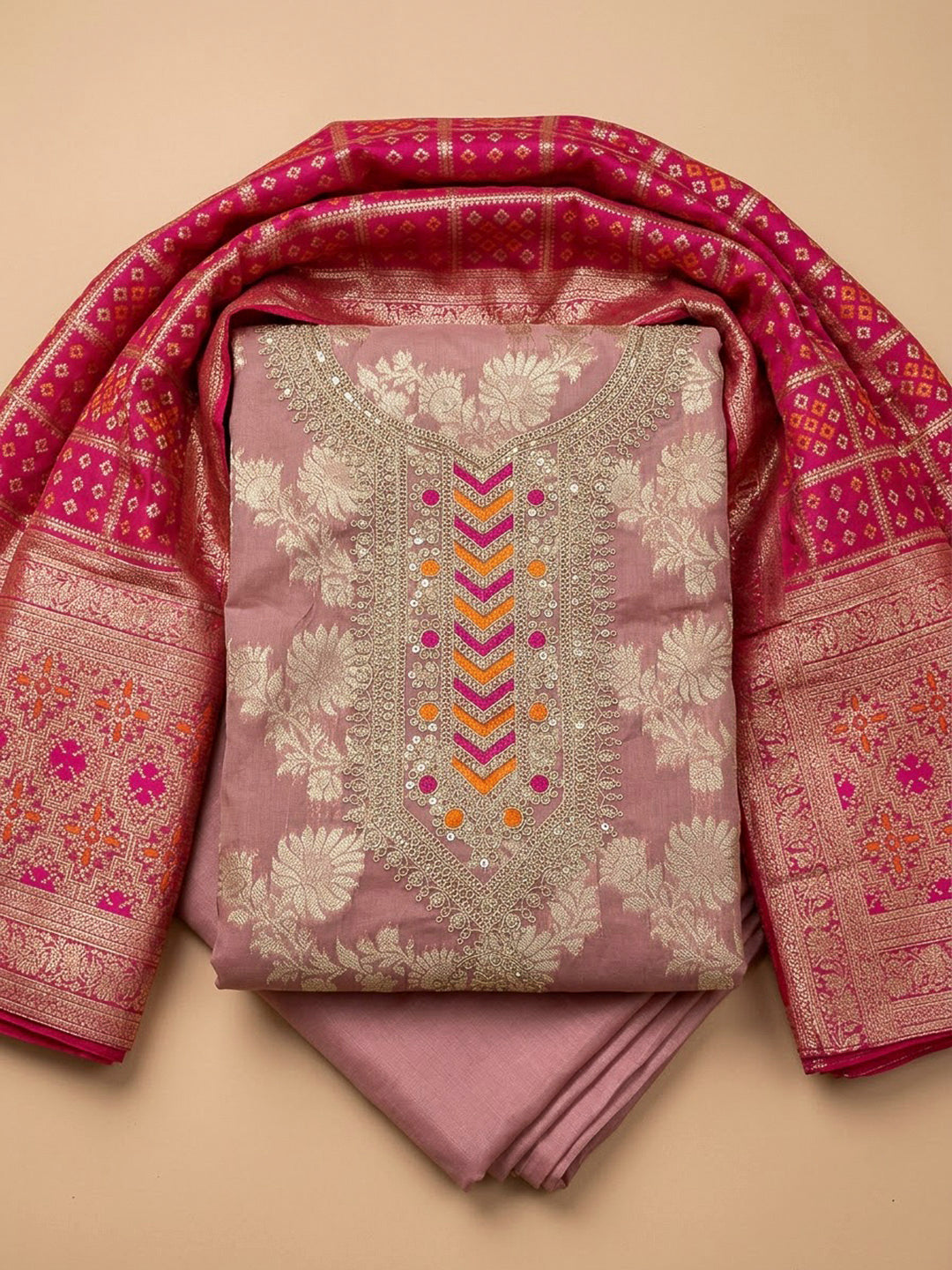 Peach Chanderi Embroidered Unstitched Dress Material
