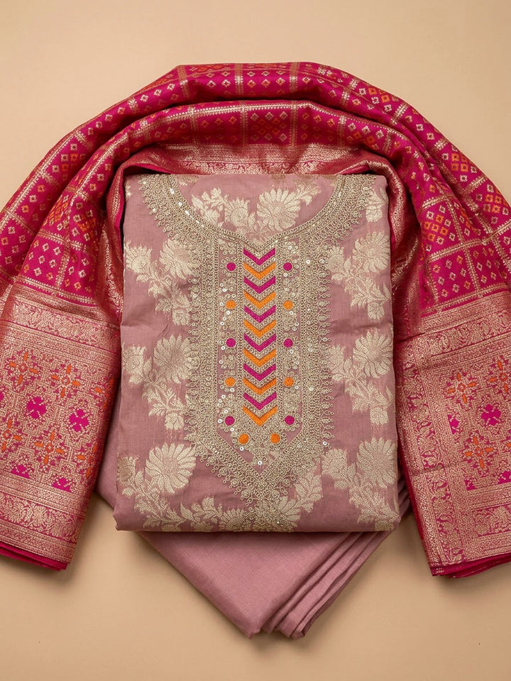 Peach Chanderi Embroidered Unstitched Dress Material