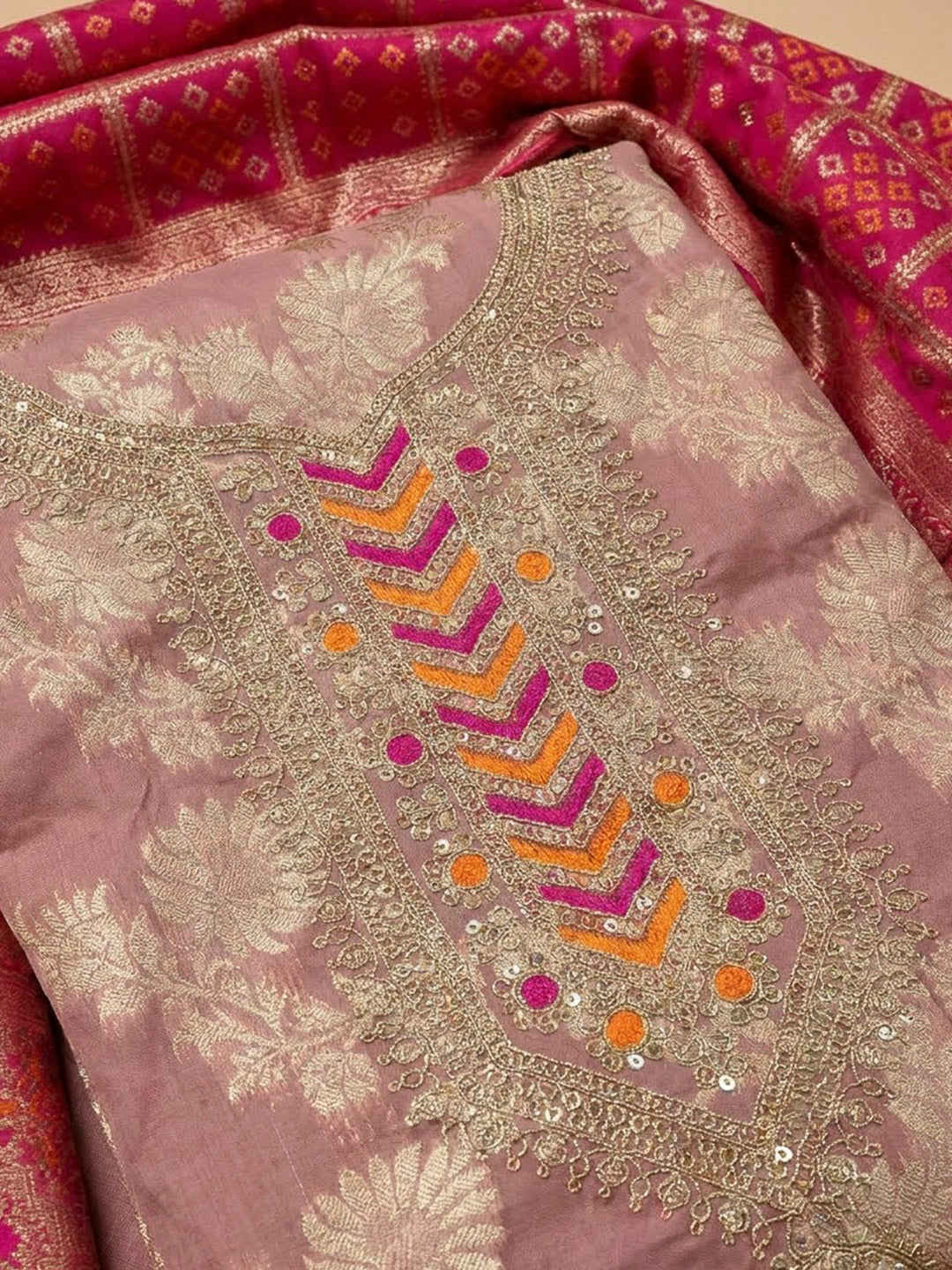 Peach Chanderi Embroidered Unstitched Dress Material