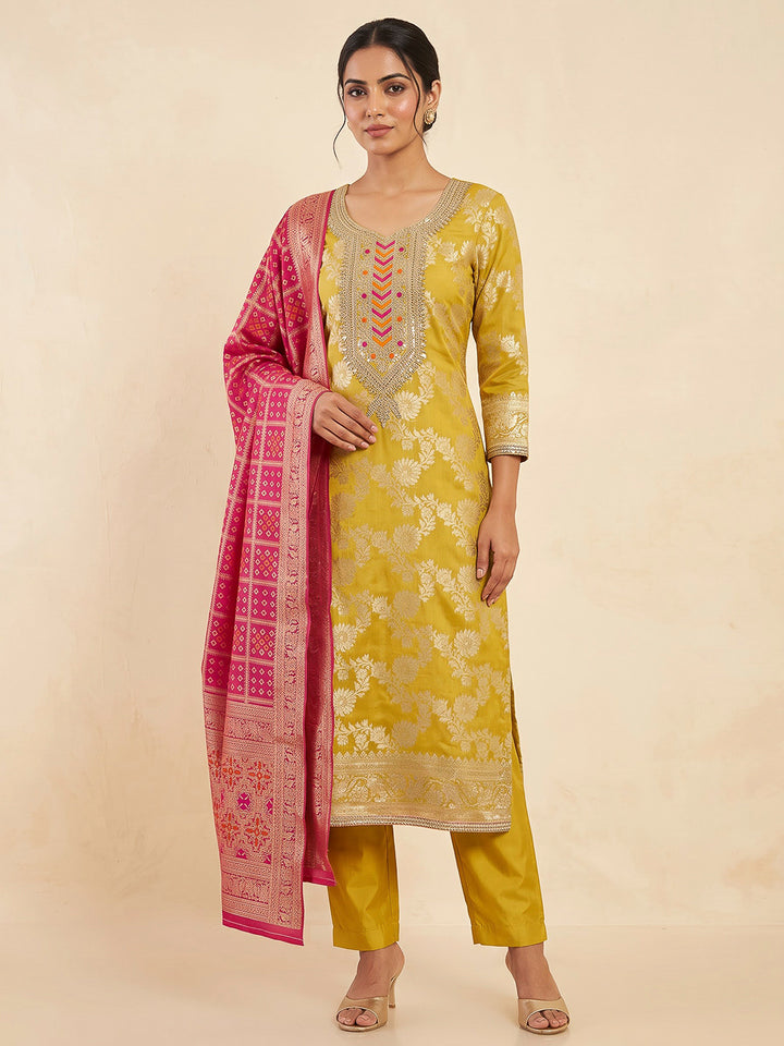 Yellow Chanderi Embroidered Unstitched Dress Material
