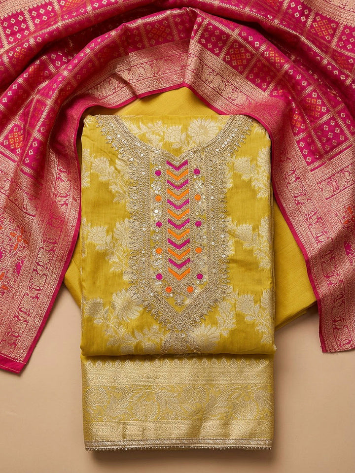 Yellow Chanderi Embroidered Unstitched Dress Material