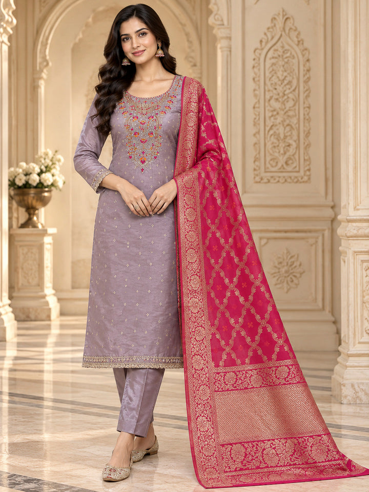 Lavender Chanderi Embroidered Unstitched Dress Material