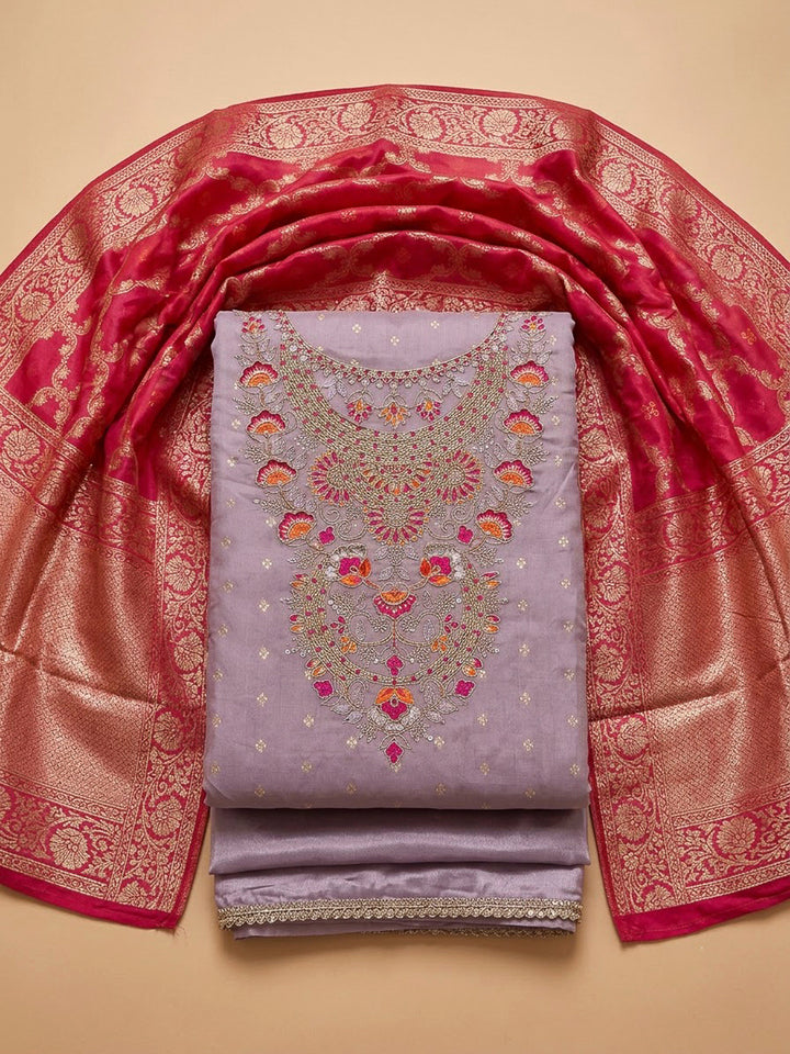 Lavender Chanderi Embroidered Unstitched Dress Material