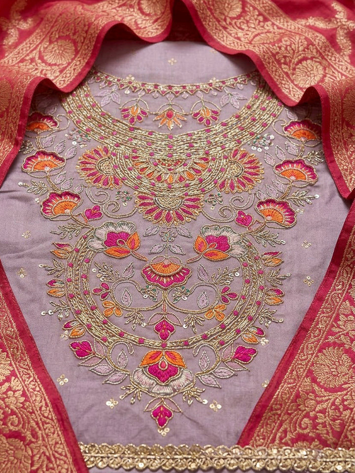 Lavender Chanderi Embroidered Unstitched Dress Material