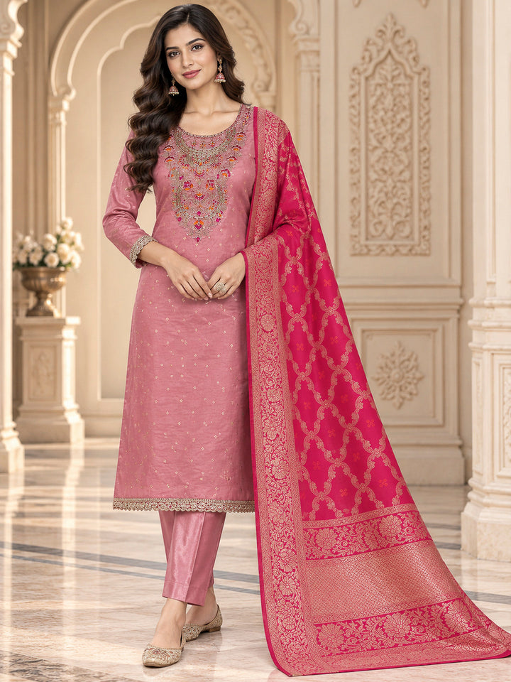 Onion Pink Chanderi Embroidered Unstitched Dress Material