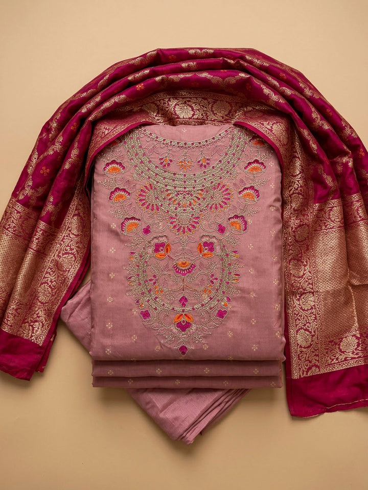 Onion Pink Chanderi Embroidered Unstitched Dress Material