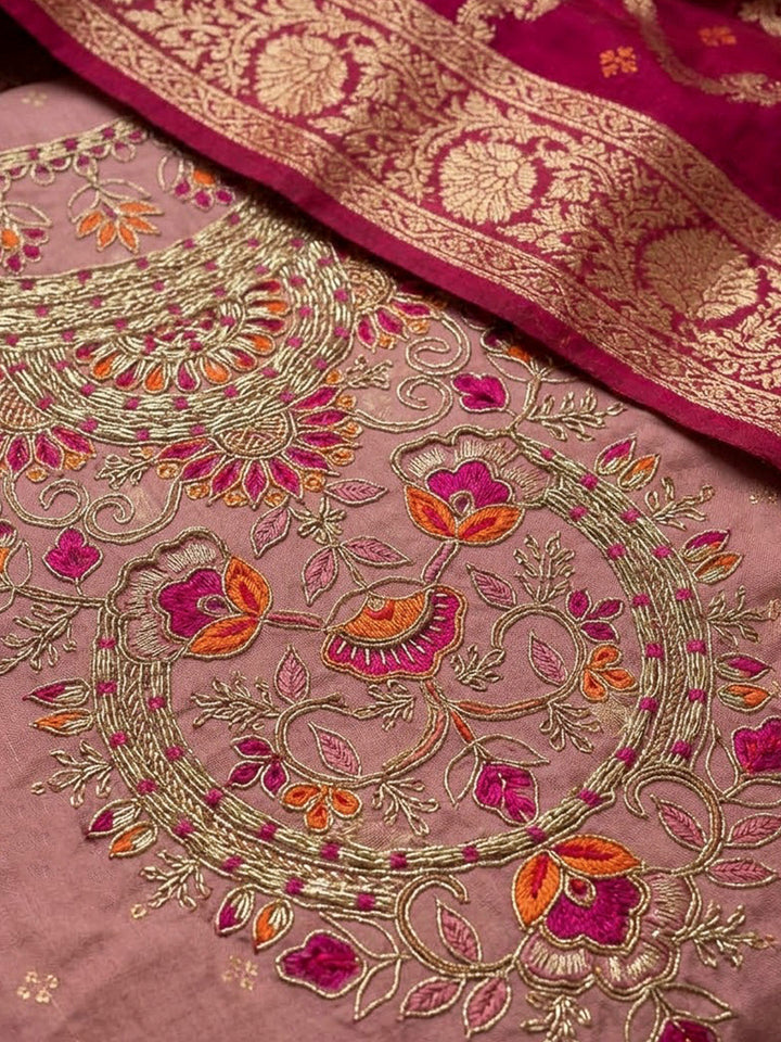 Onion Pink Chanderi Embroidered Unstitched Dress Material