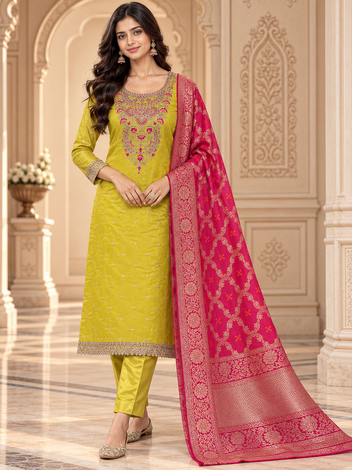 Yellow Chanderi Embroidered Unstitched Dress Material