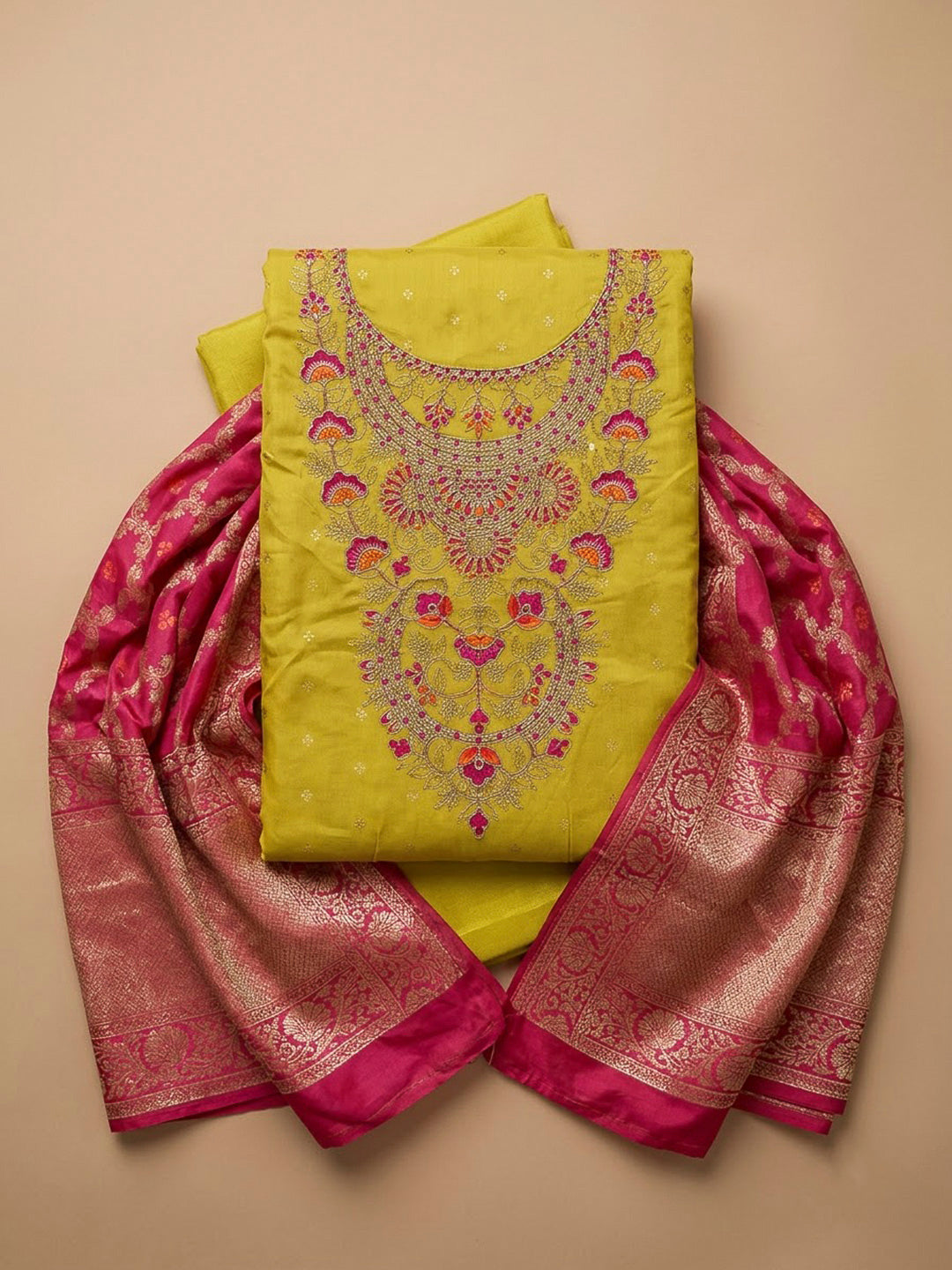 Yellow Chanderi Embroidered Unstitched Dress Material