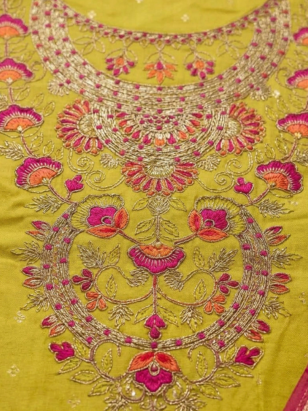 Yellow Chanderi Embroidered Unstitched Dress Material